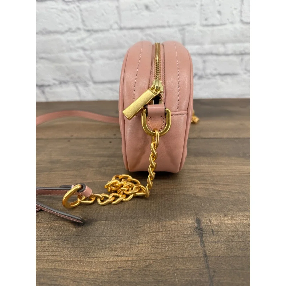 Tory Burch Kira Chevron Small Camera Bag Pink Moon Quilted Leather Crossbody